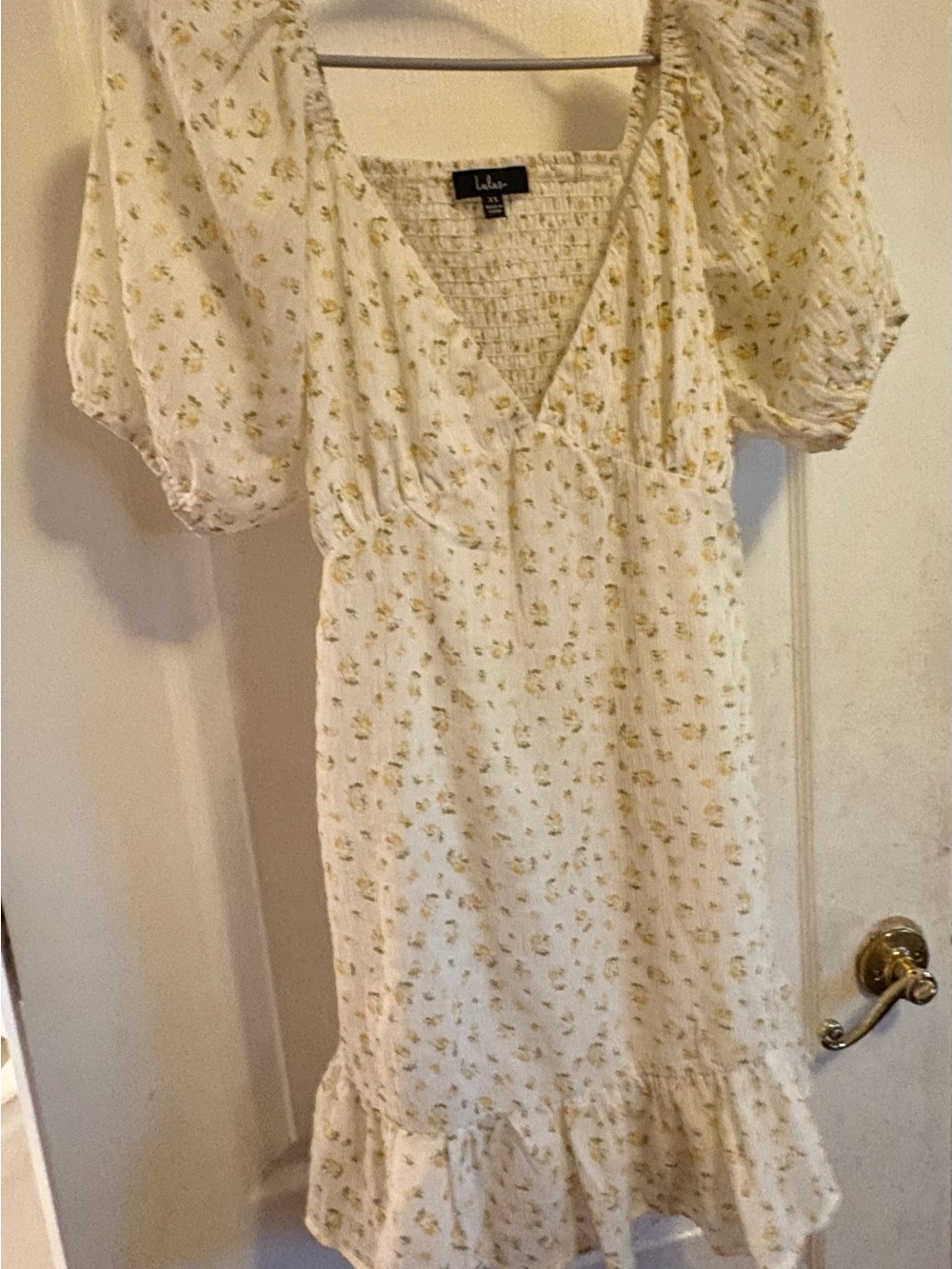 Lulu's Cream Yellow Floral Smocked V-Neck Midi Dress